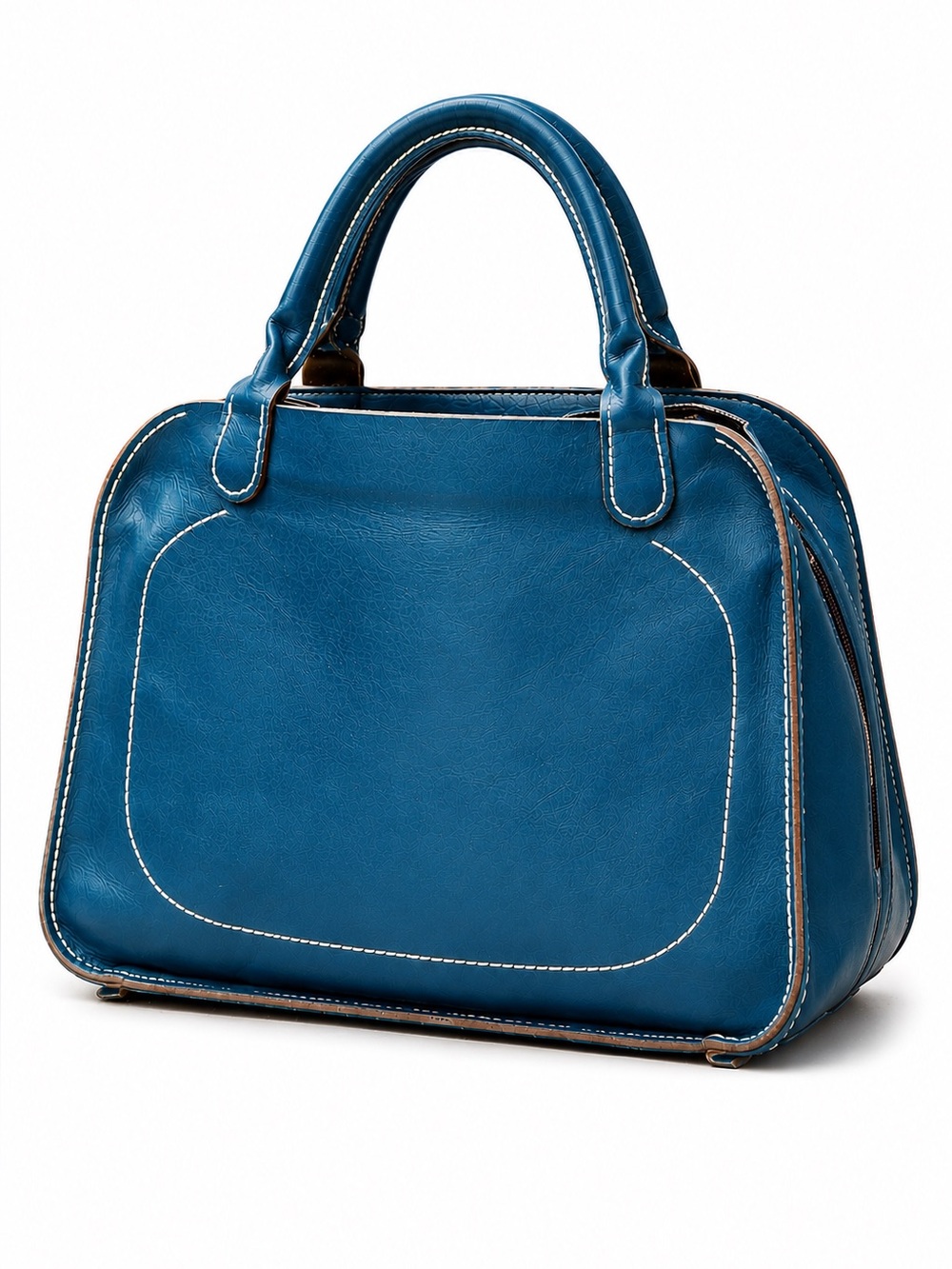French Artisan Handcrafted Leather Satchel Turquoise Blue Top Handle Bag - Picture 3 of 12